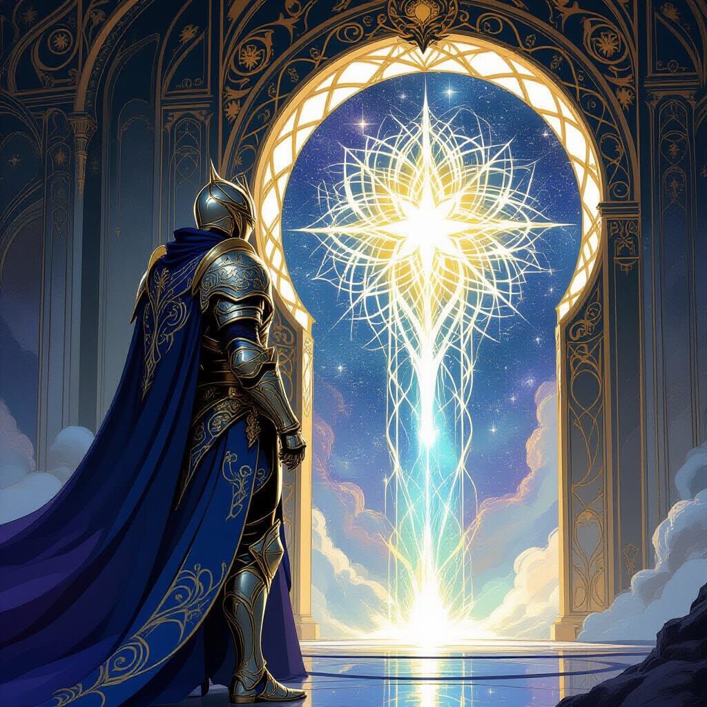 Knight Guards Cosmic Gateway in Celestial Armor