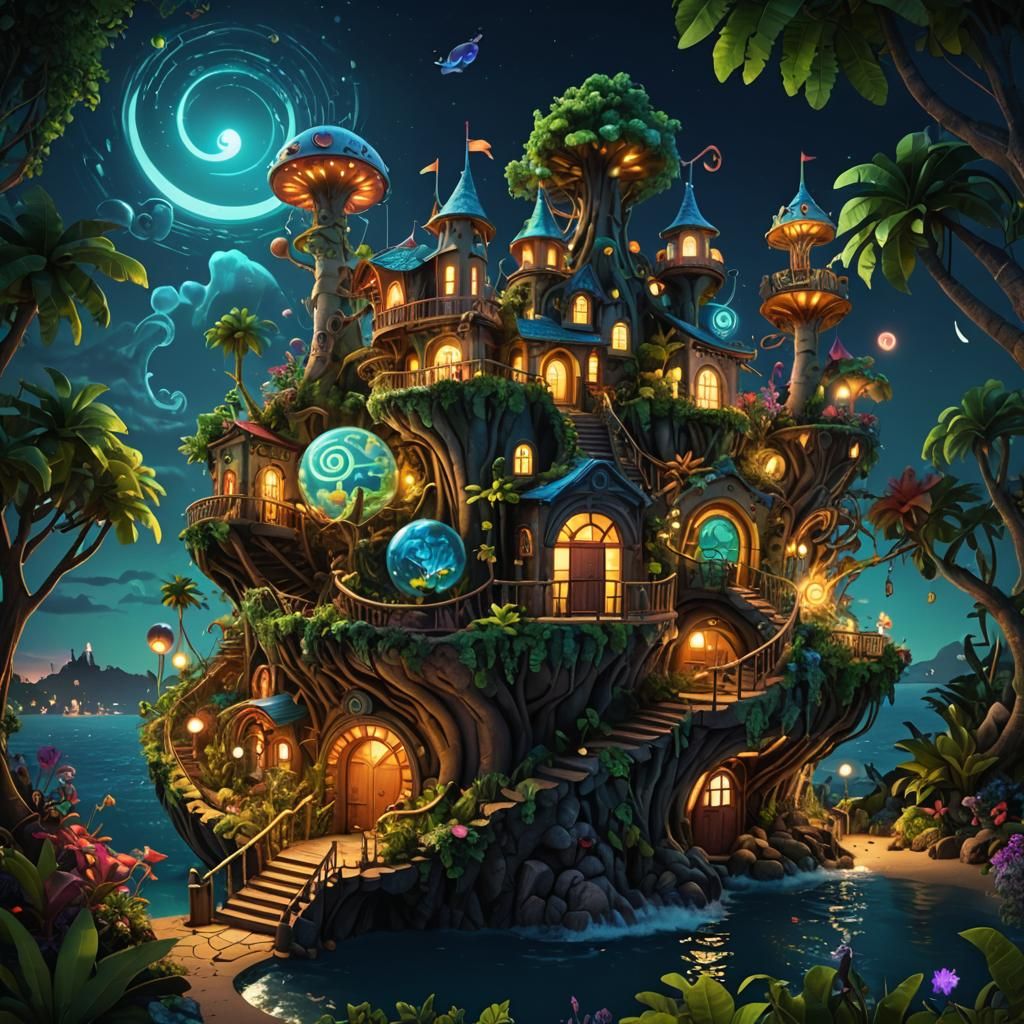 Psychedelic Tinkertoy City Island at Night