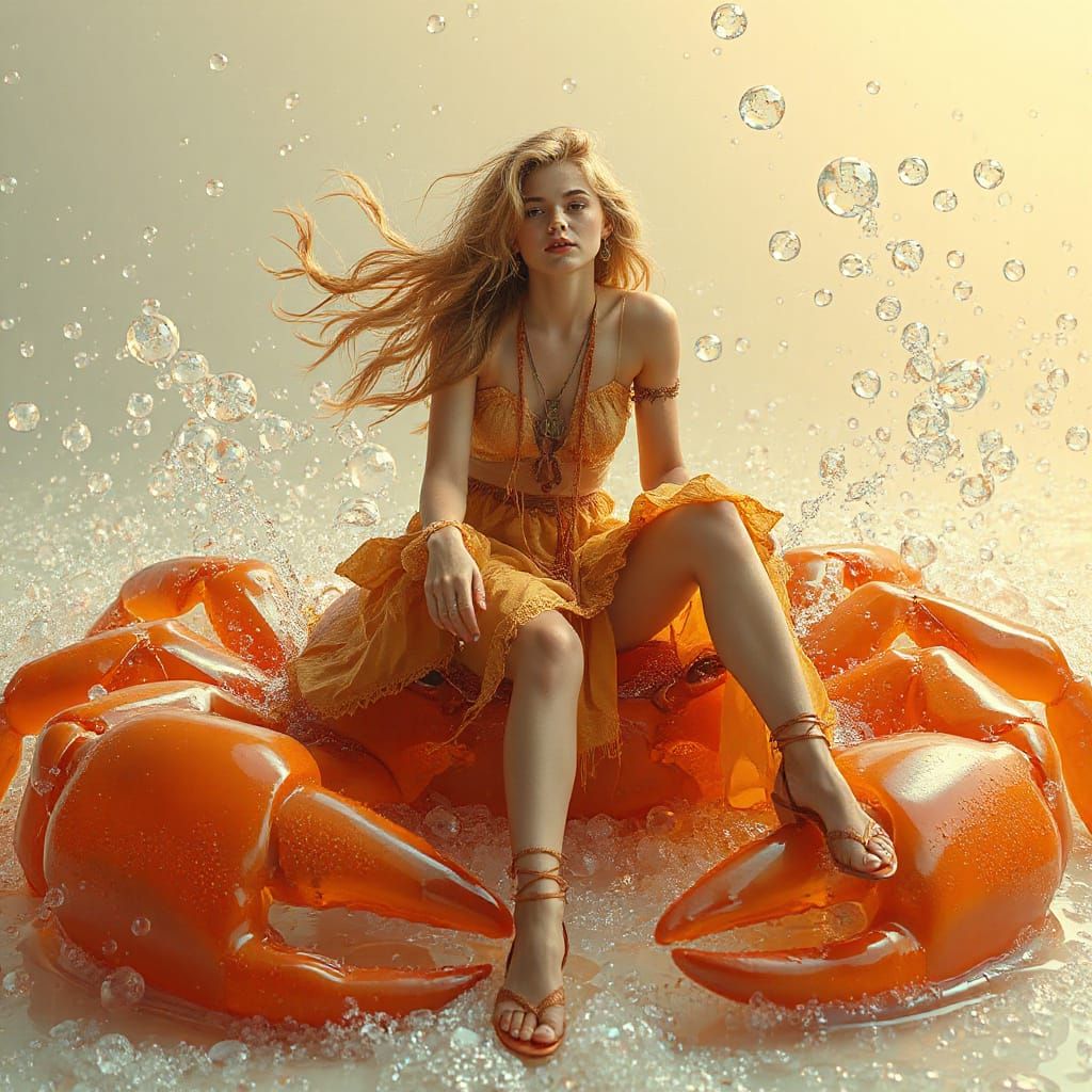 Woman on Gummy Crab in Soda Sea with Ethereal Glow