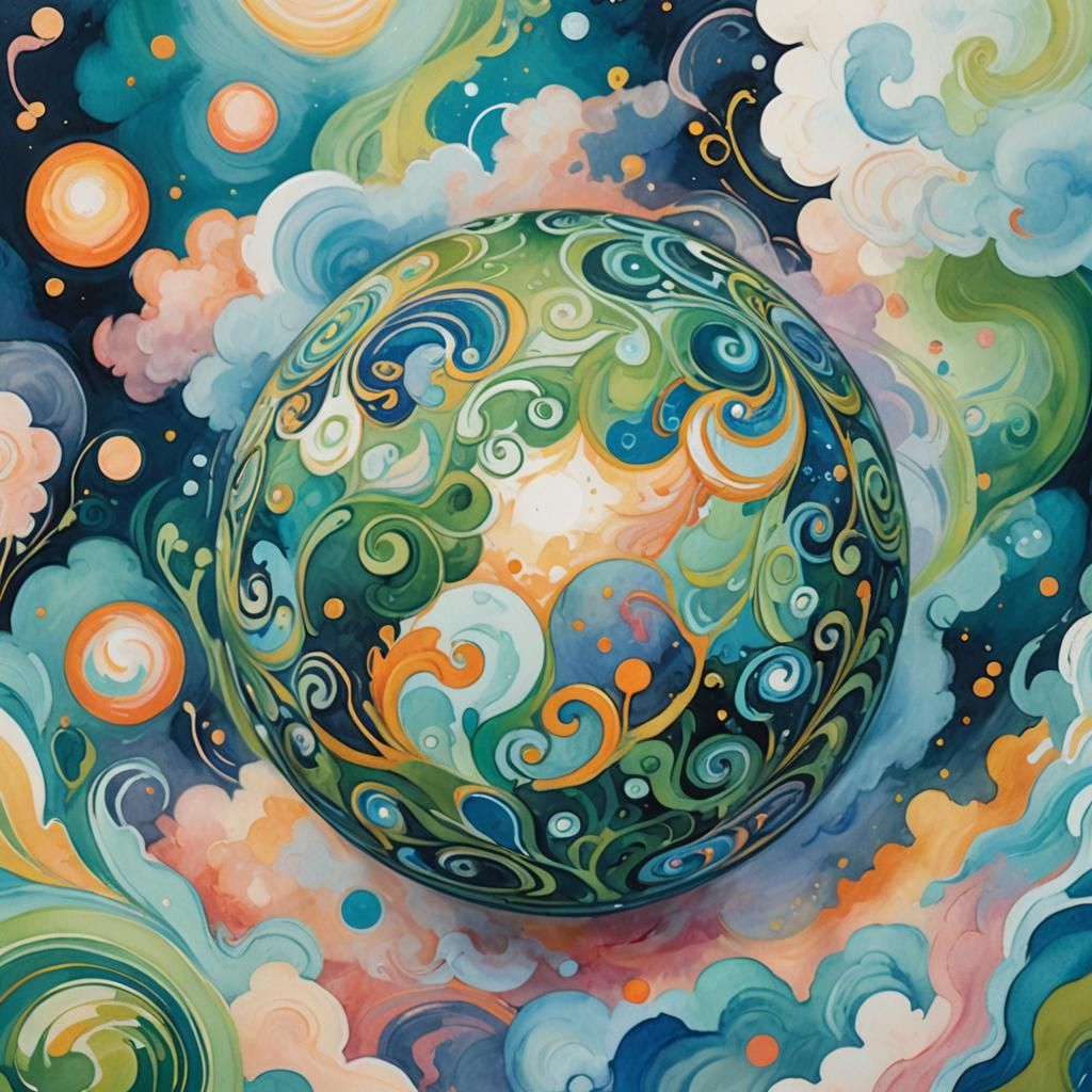 Swirling Globe Orb in Gouache Illustration
