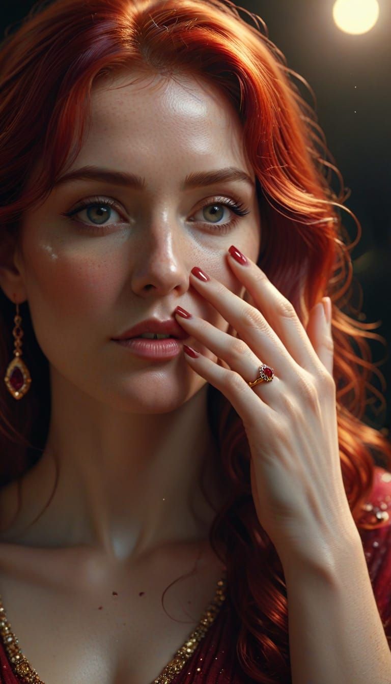 Woman with Ruby Ring: Hyper-Realistic Digital Portrait