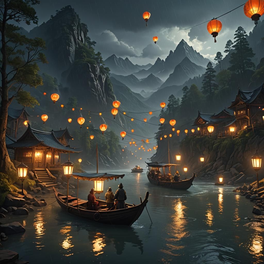Rainy Night River Journey with Lanterns