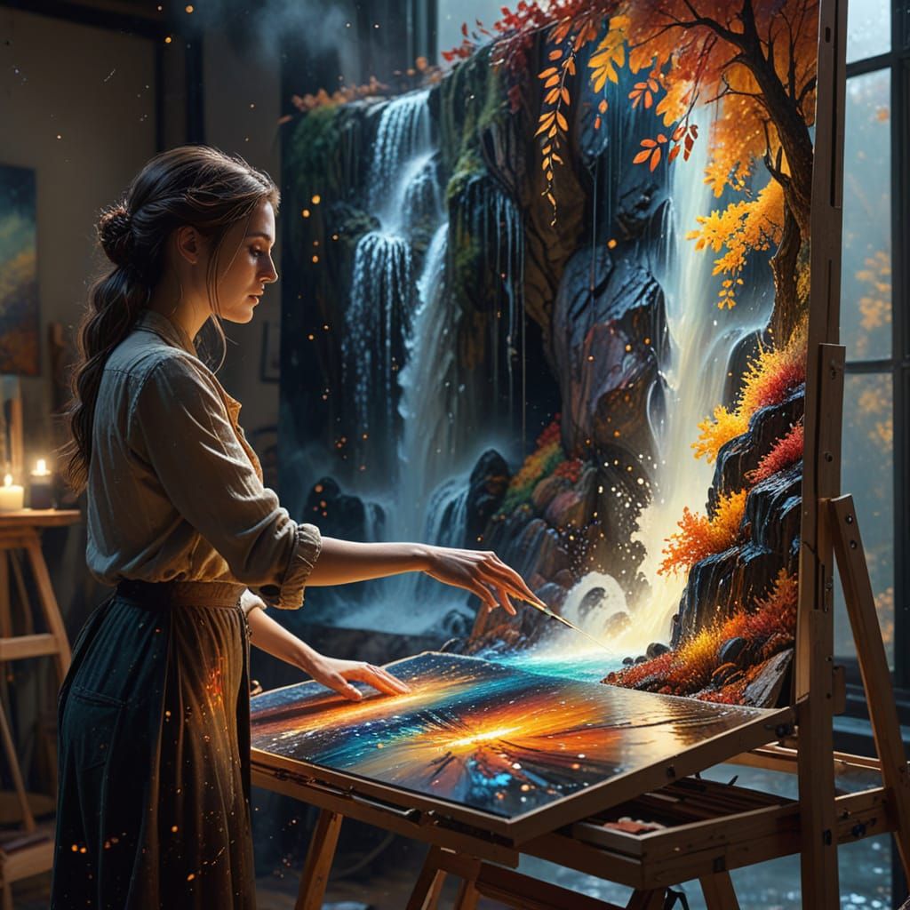 Artist Paints Autumn Waterfall in Starlit Studio