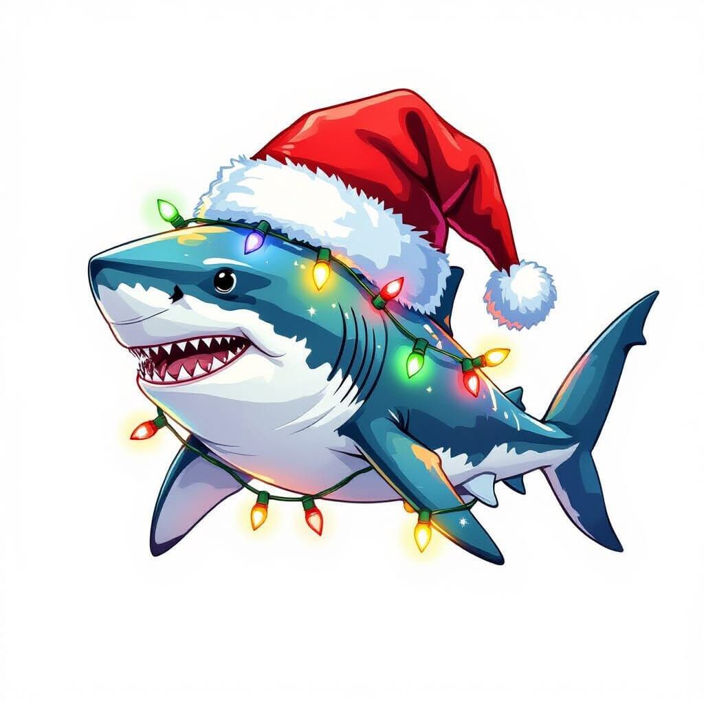 Shark in Santa Hat with Christmas Lights Watercolor