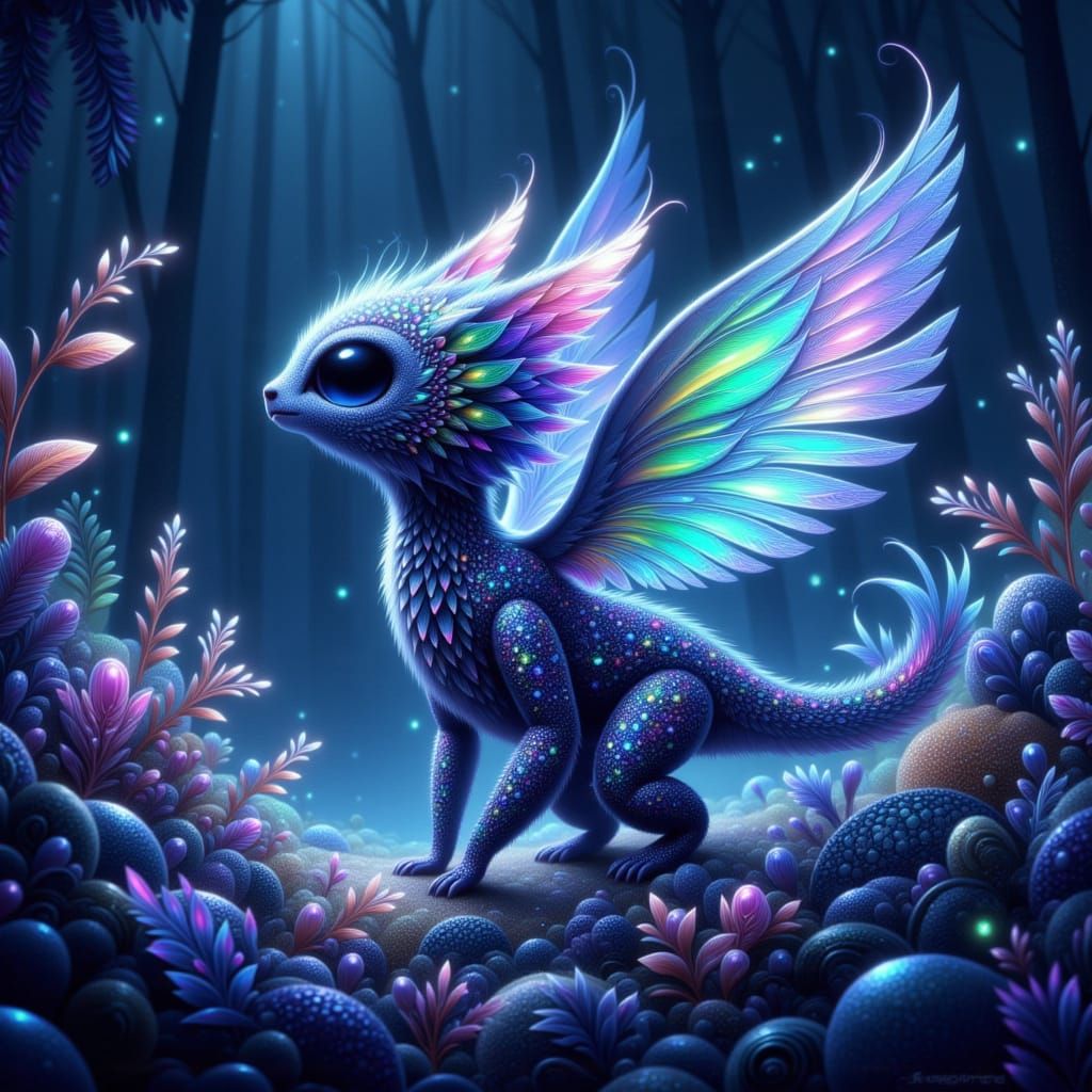 Fantastical Creature in Bioluminescent Forest Digital Painti...