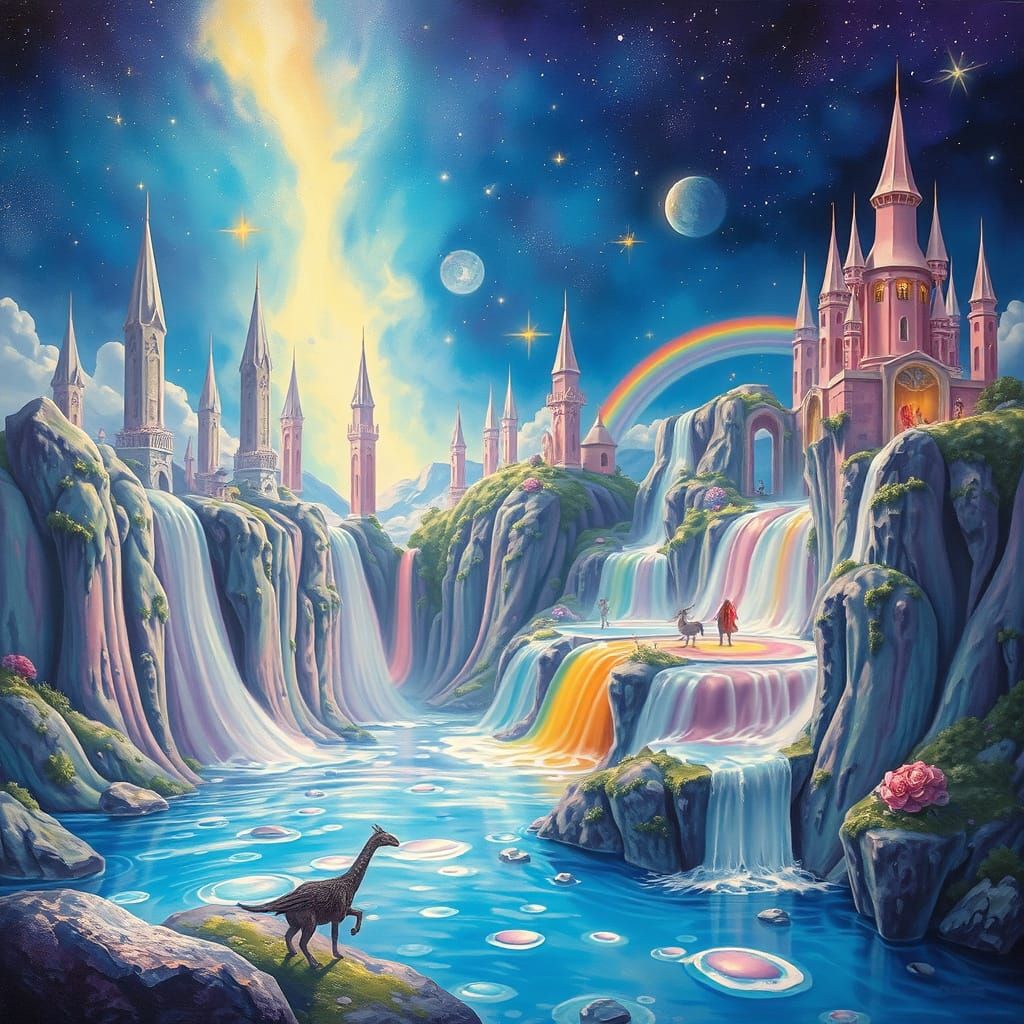Magical Kingdom with Rainbow Waterfalls, Dreamlike Pastel Ar...