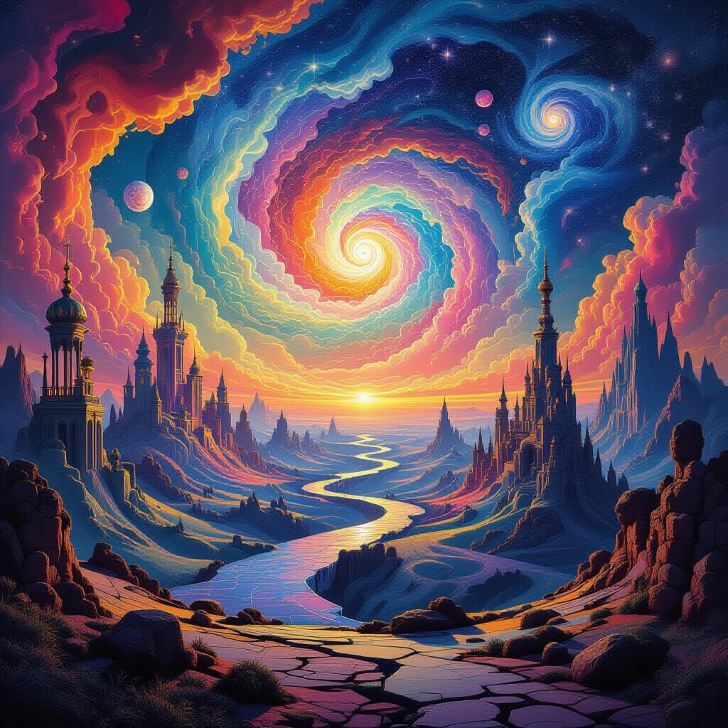 Psychedelic Fantasy Landscape Inspired by Dalí and Bosch
