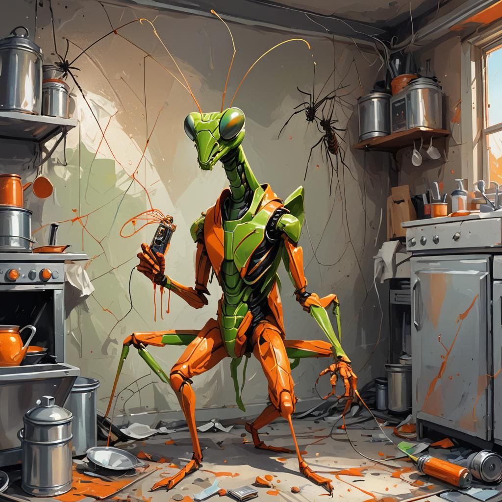 Praying Mantis Exterminator in Fauvist Oil Painting Style