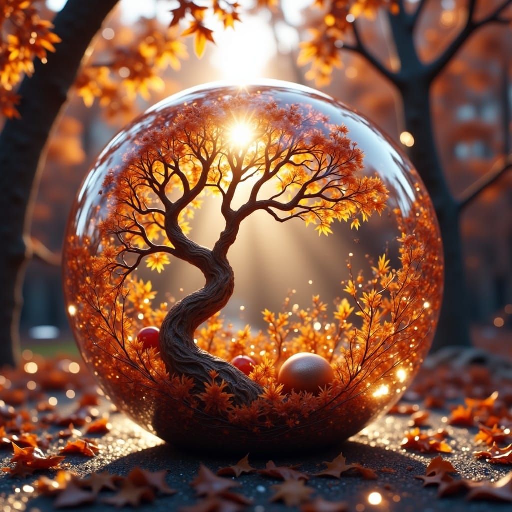 Glass Sphere Encasing Autumn Scene in Cinematic Style