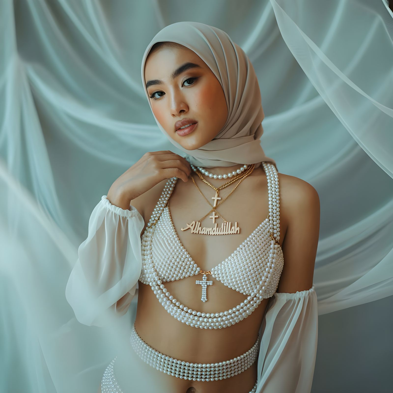 Ethereal Portrait: Asian Woman in Pearl Bikini and Hijab