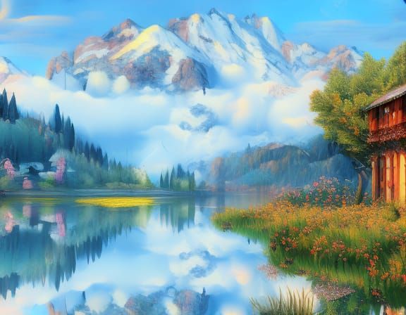 House by Lake in Neo-Romantic Impressionistic Style
