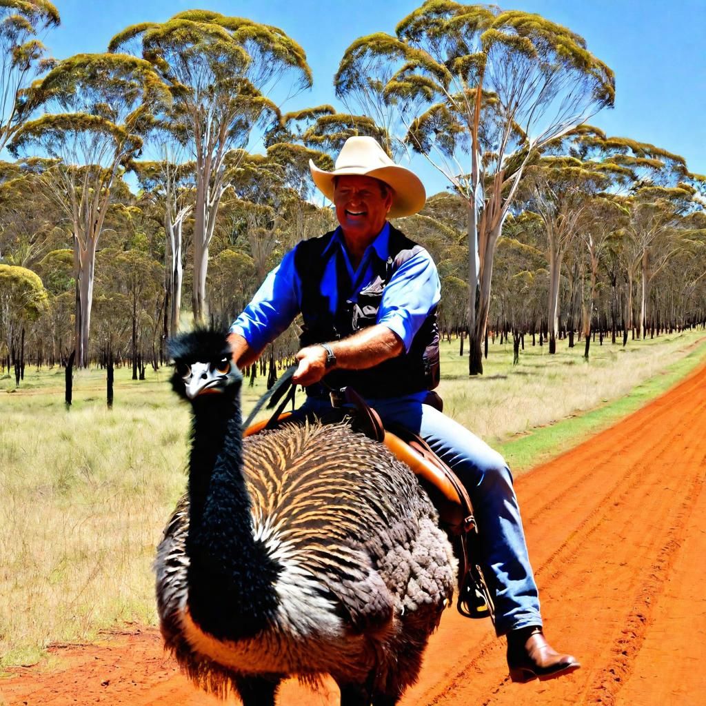 Jackaroo Rides Emu in Outback Australia