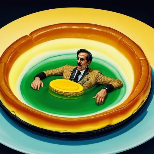Man Swimming in Giant Living Flan and Custard