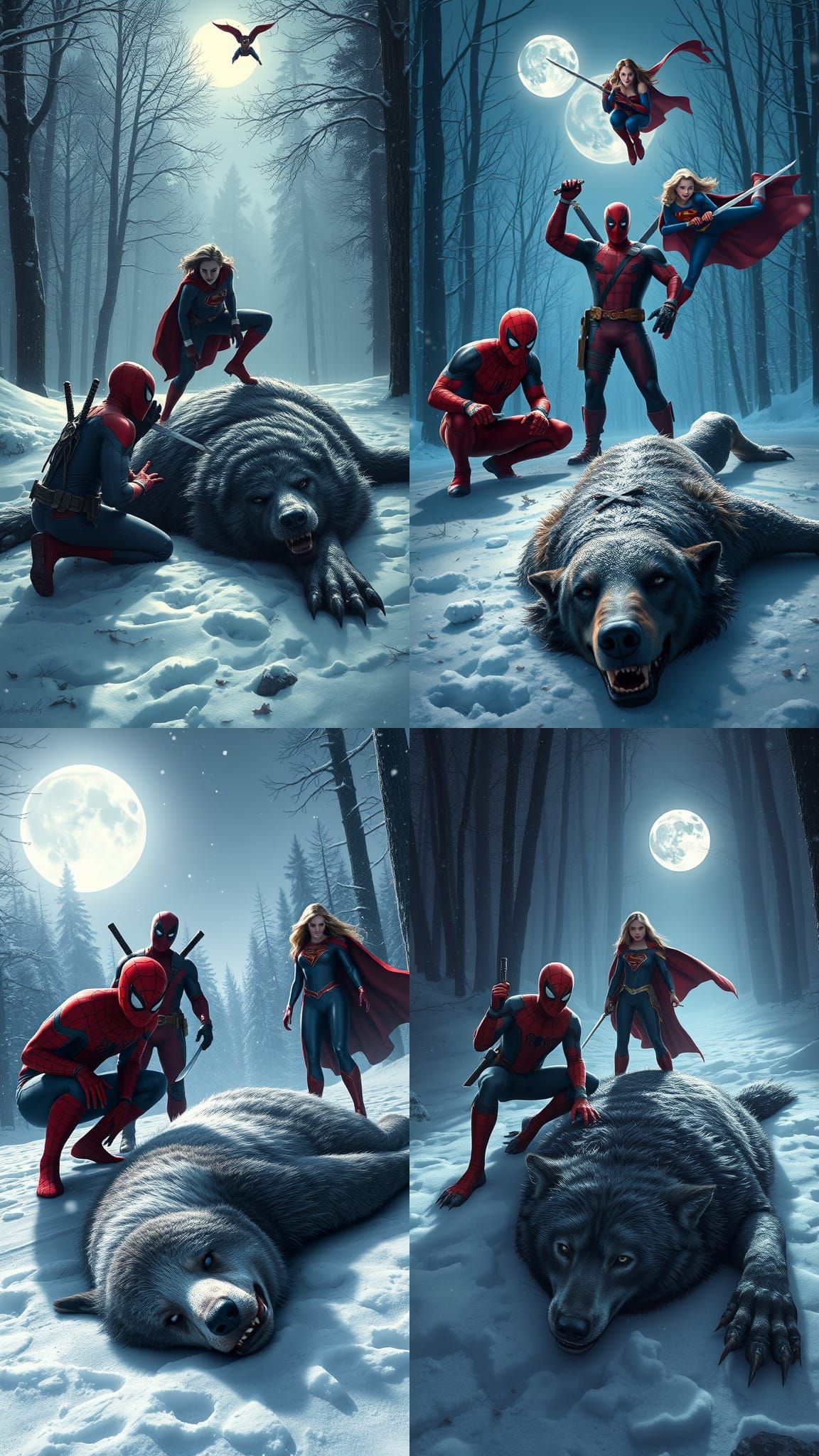 Superhero Victory Over Werewolf in Snowy Forest