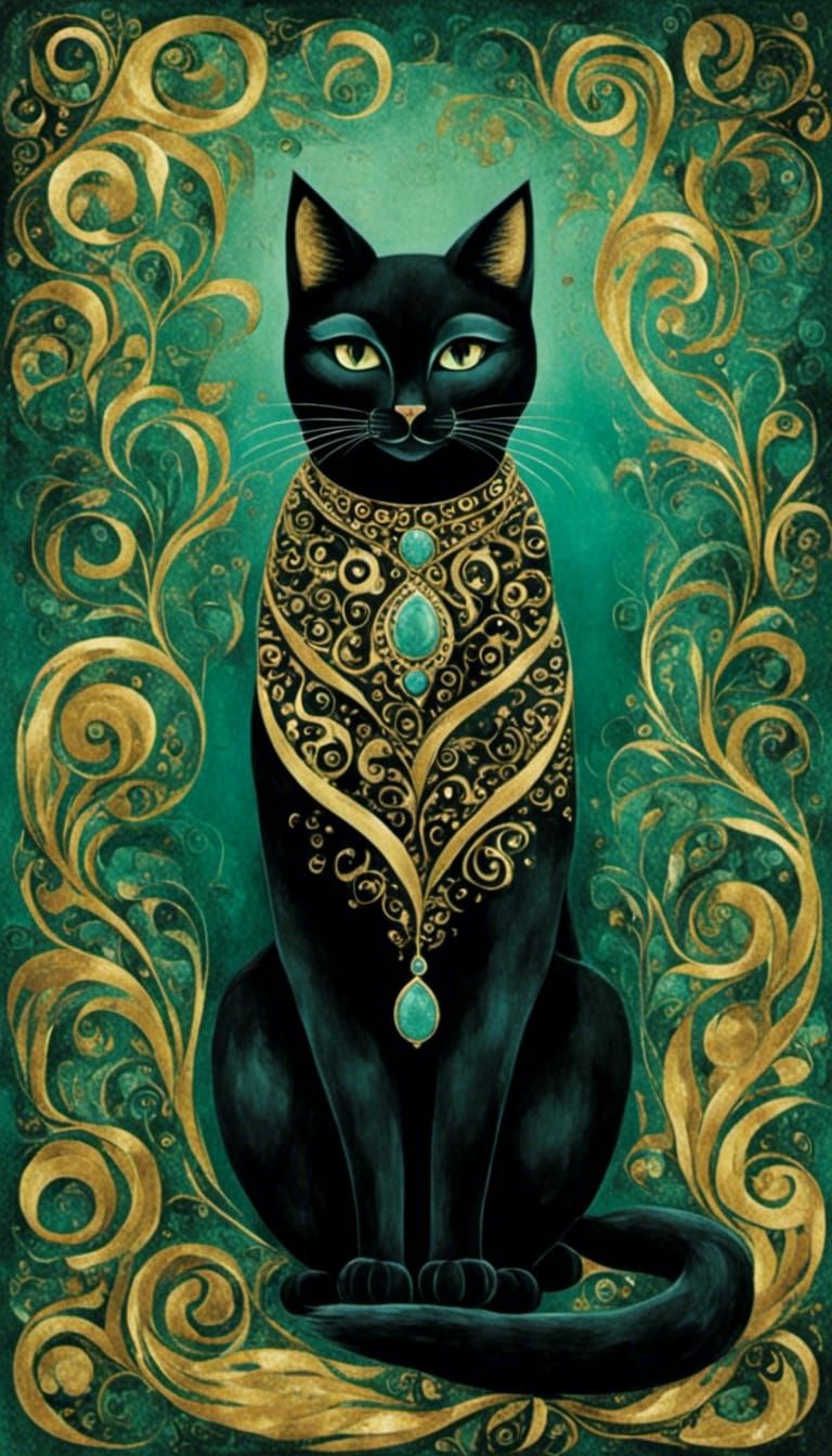<lora:Feline Folk:1.0> <lora:Klimt Craft:1.0> a sleek black ...