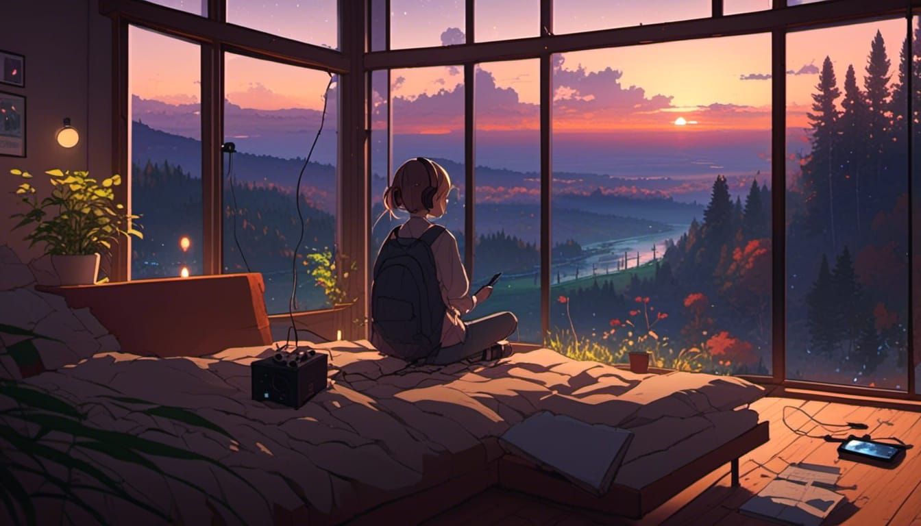 Anime Girl Listening to Music in Cozy Lo-Fi Room
