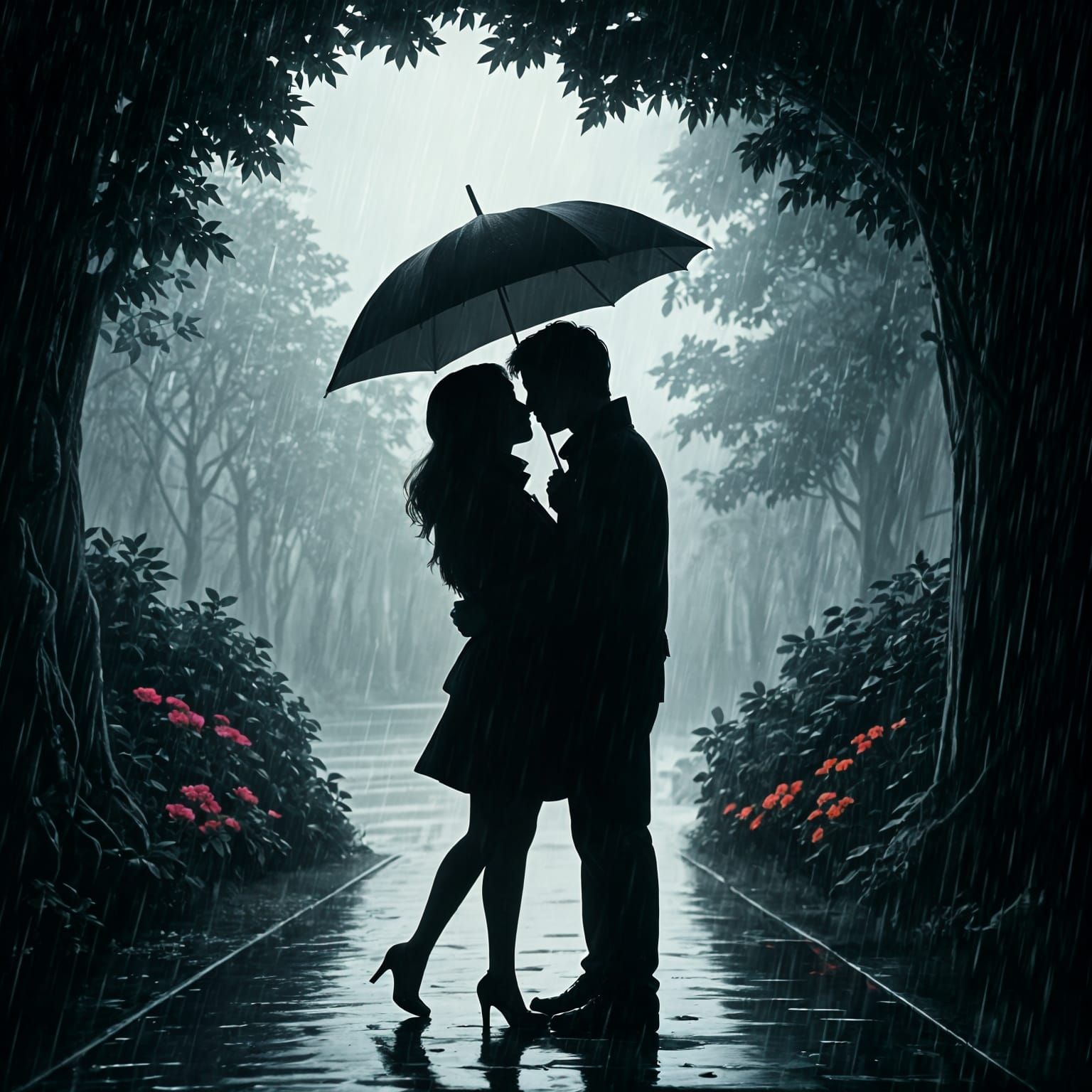 Monochromatic Silhouette Lovers in Rainy Park
