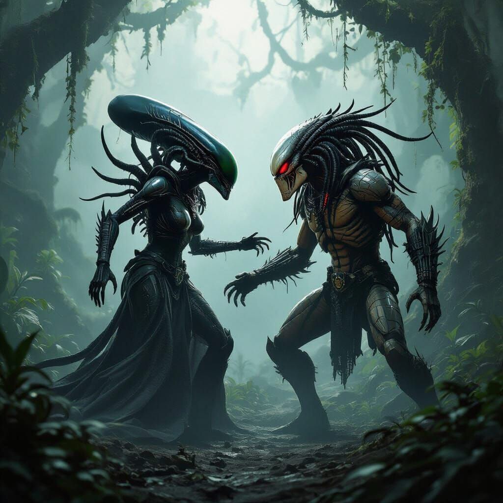 Alien Queen vs Predator King in Biomechanical Horror Style