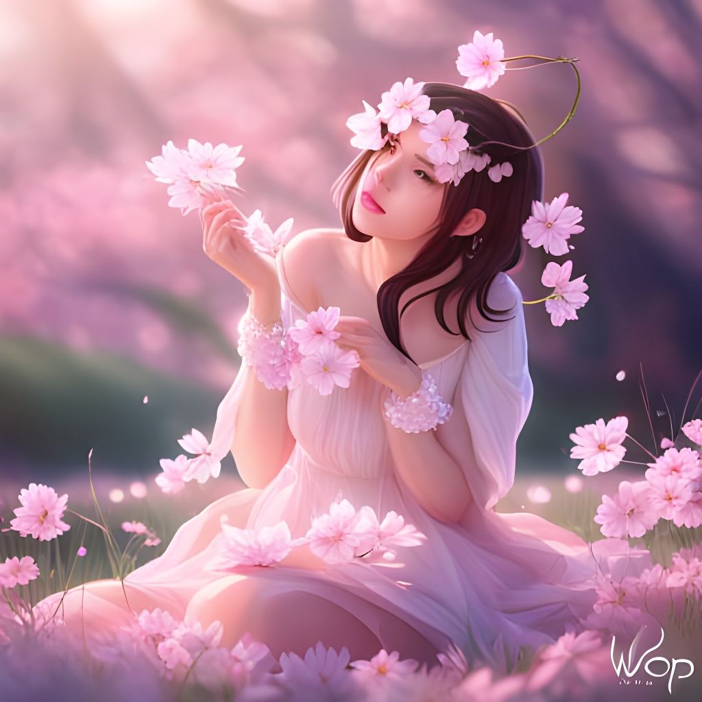 Cherry Blossoms and Crystal Tree in Gouache Style