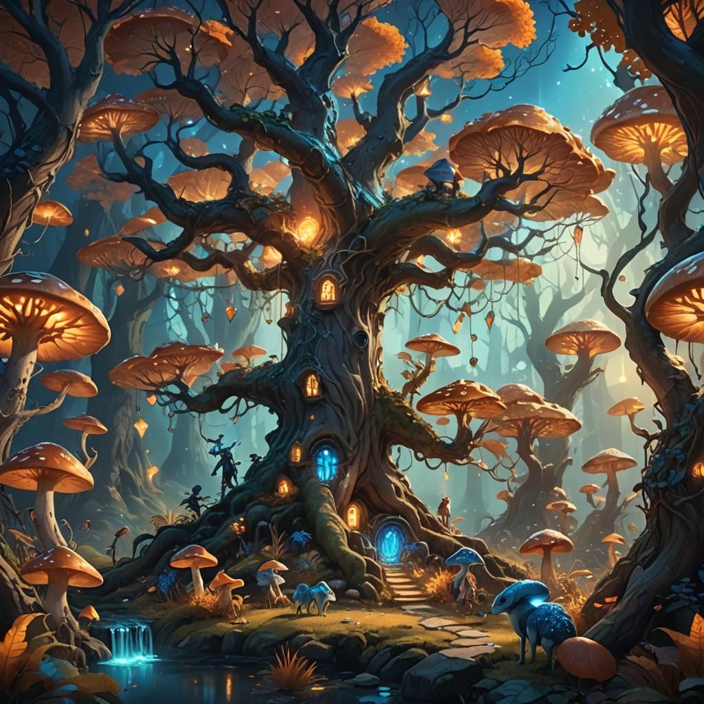Magical Creatures Gather Around Glowing Tree in Fantasy Land...