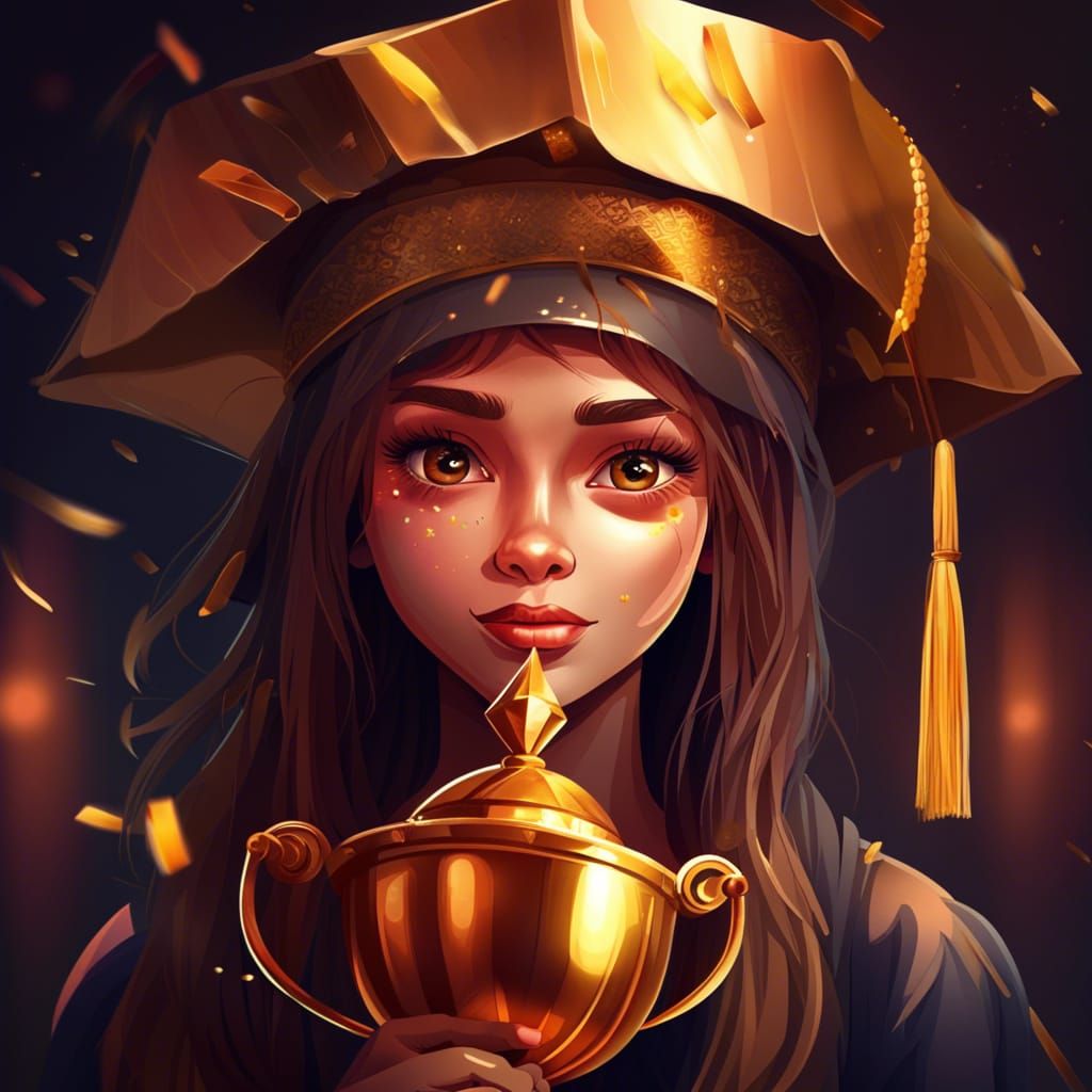 Proud Graduate with Golden Trophy, Detailed Digital Art