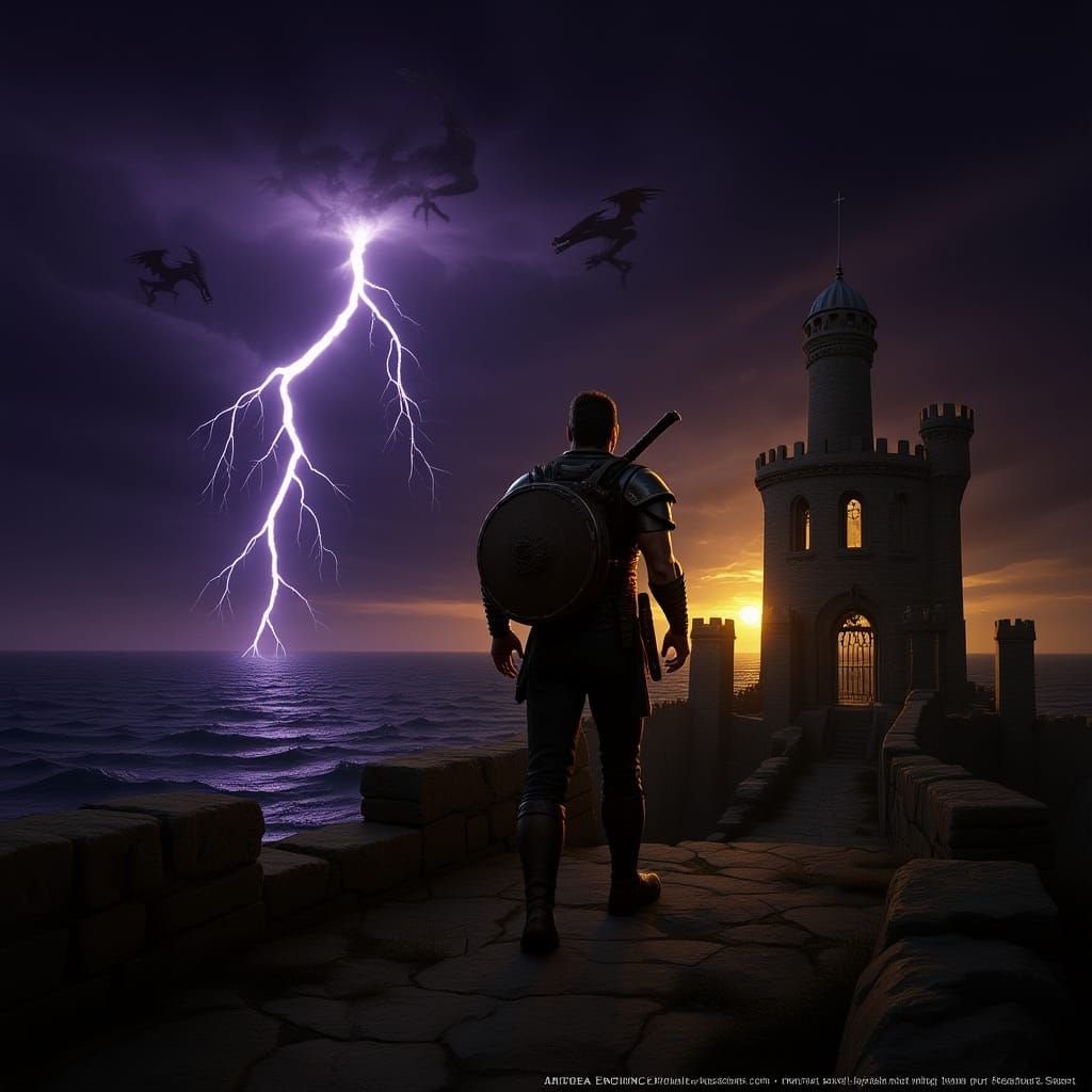Warrior Gazes at Stormy Seas with Dragons, Epic Digital Art