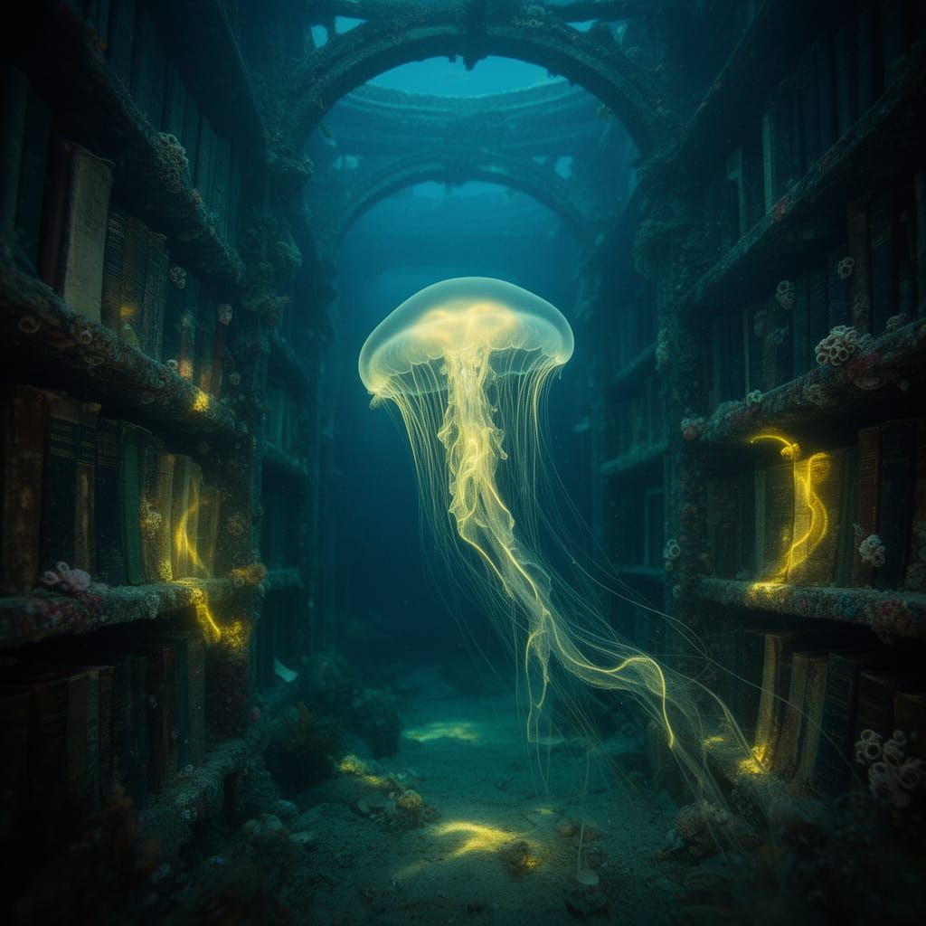 Bioluminescent Jellyfish in Sunken Library