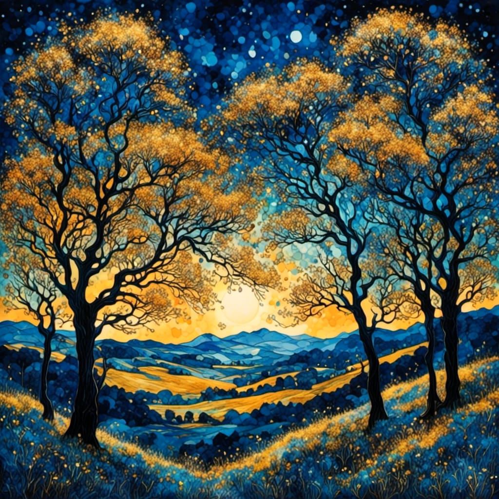 Serene Twilight Park at Sunset in Ink Drawing Style