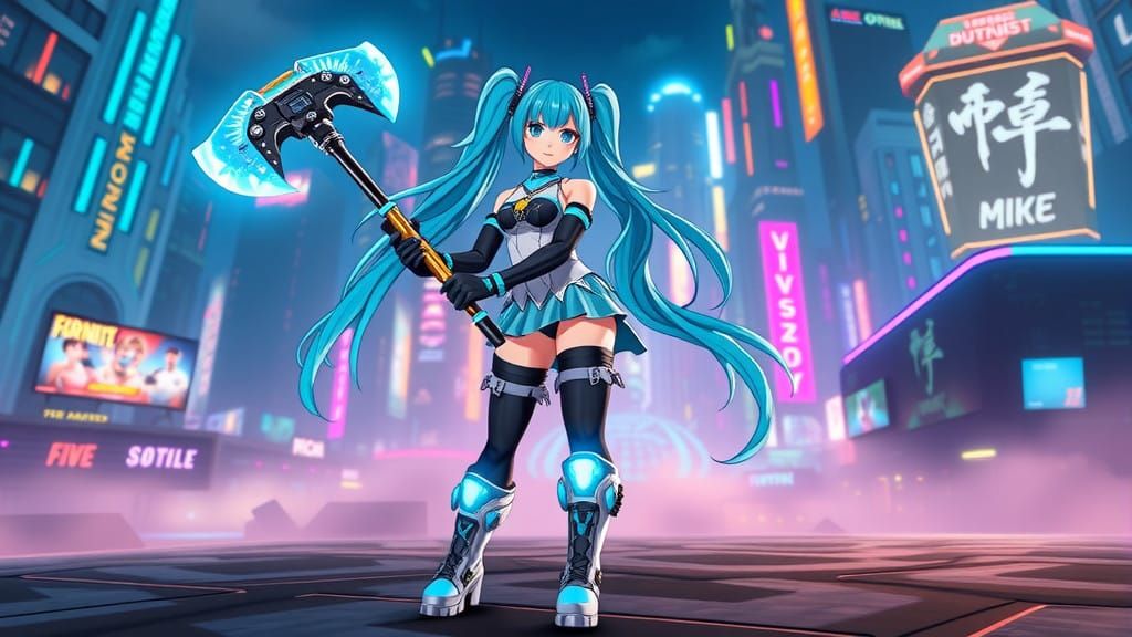 Cyberpunk Vocaloid Goddess Empowers Fortnite Battlefield