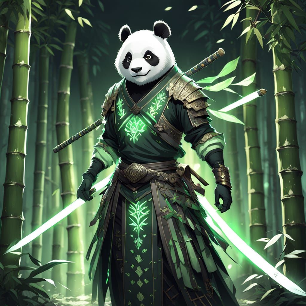 Art Nouveau Panda-Girl Adventurer with Bamboo Sword