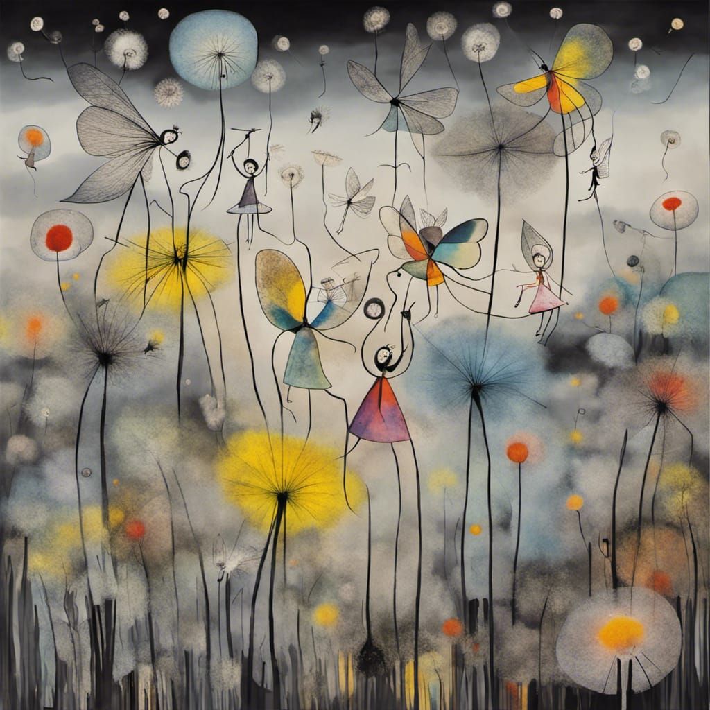 Winged Fairies in Dandelion Dreamscape, Surreal Grayscale