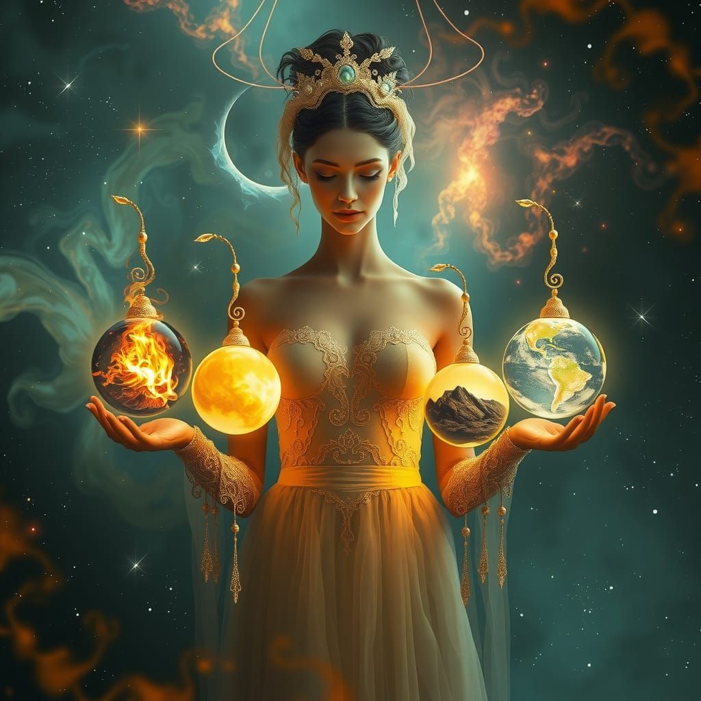 Ethereal Woman with Elemental Orbs in Cosmic Nebula