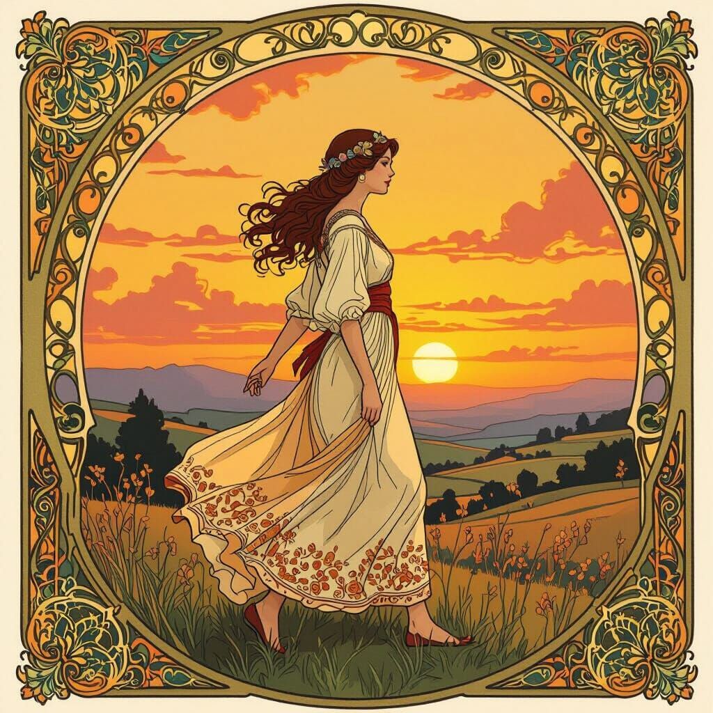 Elegant Woman Walks Beyond Sunset in Whimsical Style