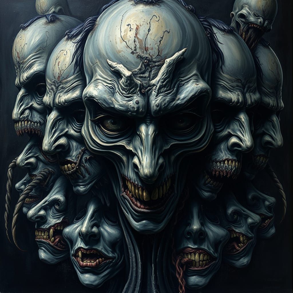 Dark Abstract Faces Merge into Faceless Whole