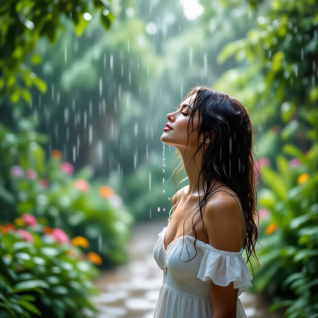 Magical Garden: Woman in Summer Rain