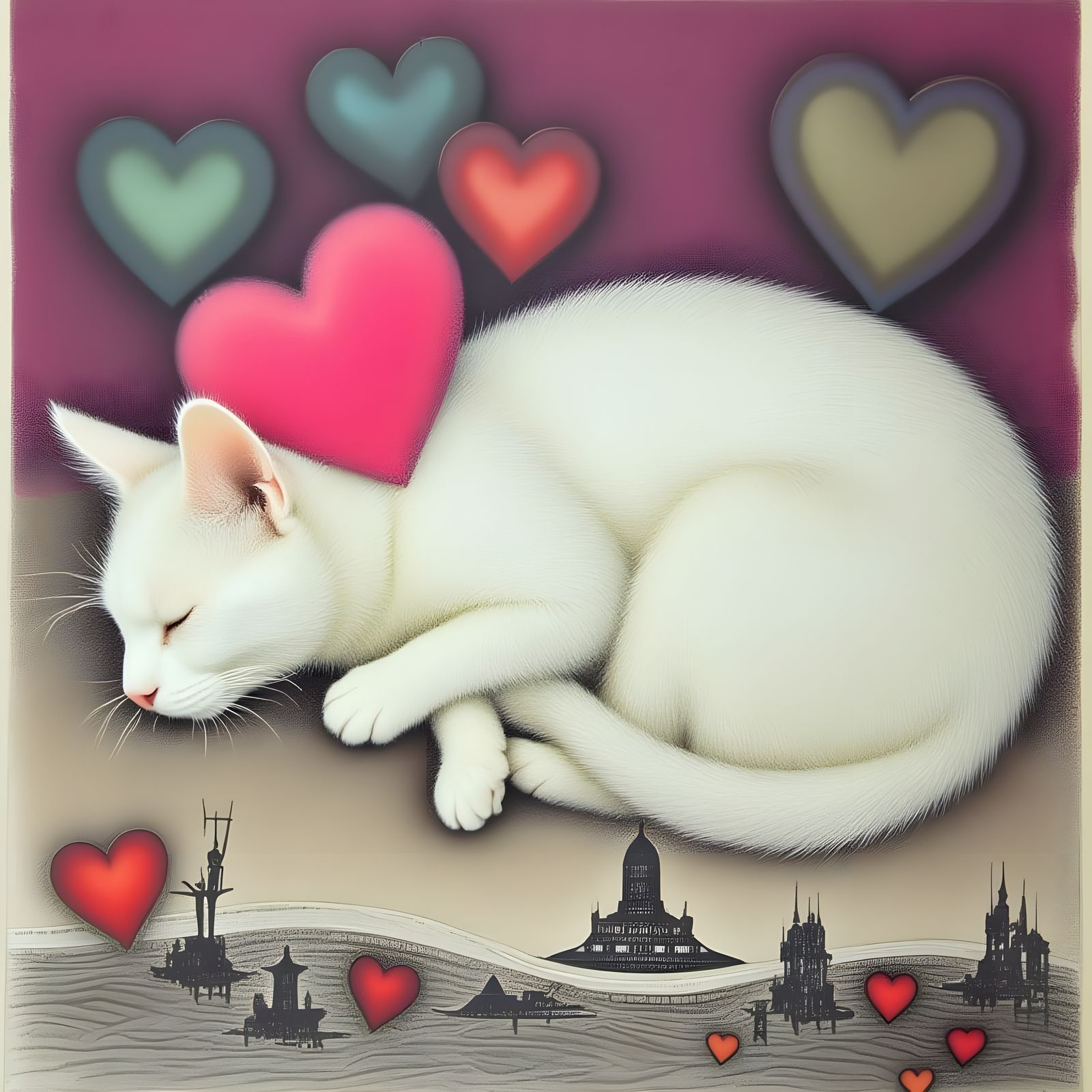 White Cat Sleeps on Art Nouveau Spaceport Drawing