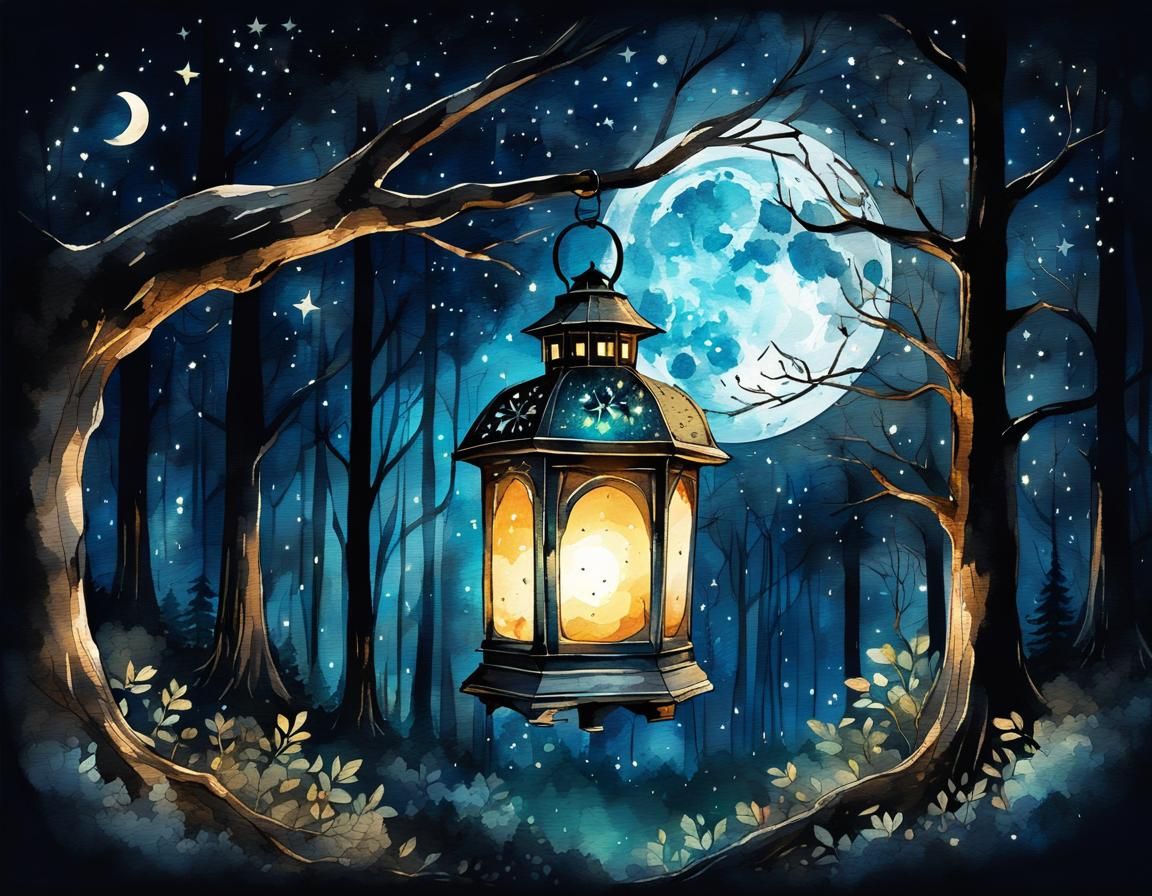 Enchanting Lantern Glows in Dark Forest, Watercolor