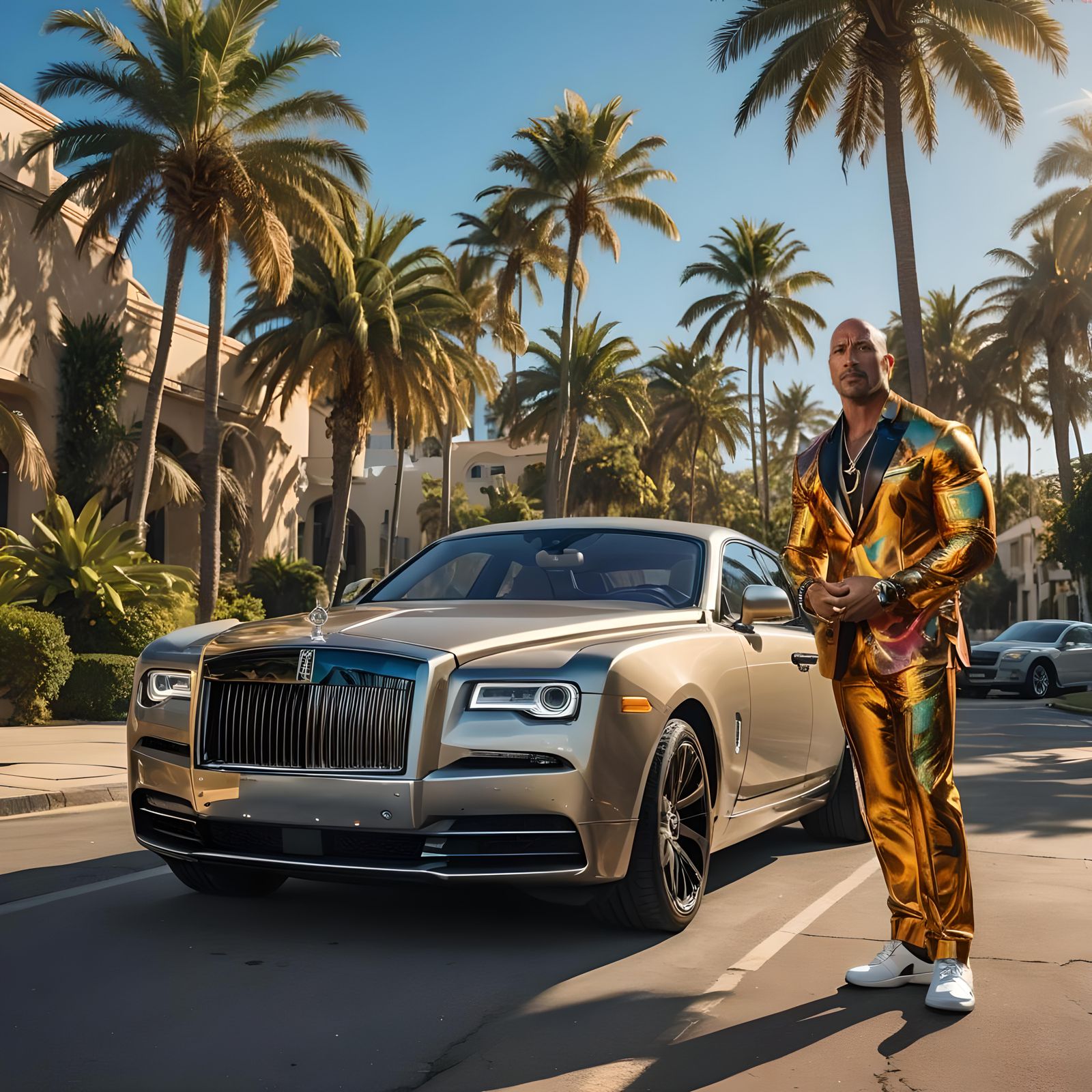 Dwarf Dwayne Johnson Beside Rolls Royce in Splash Art