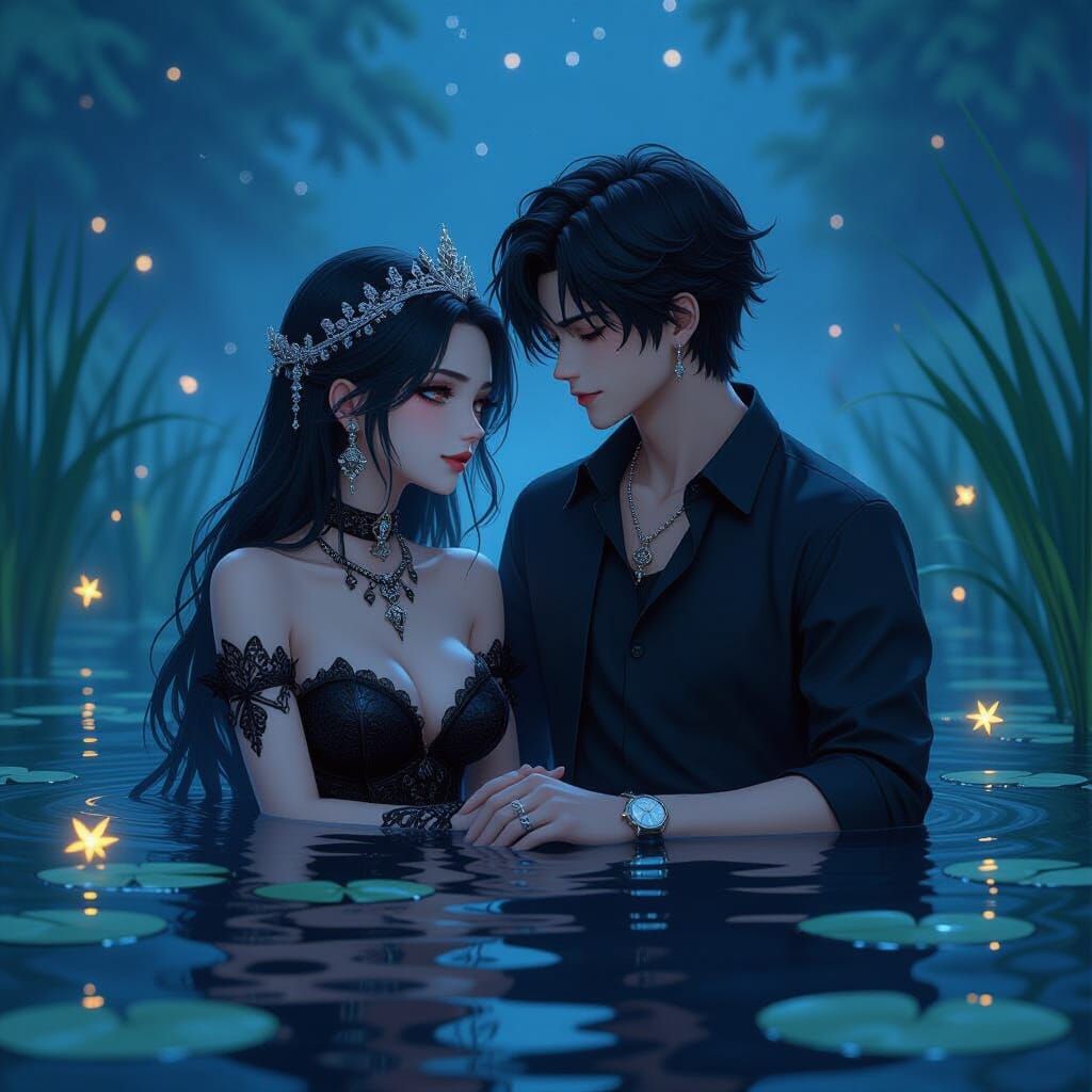 Goth Girl and Boy in Misty Lake, 3D Anime Art