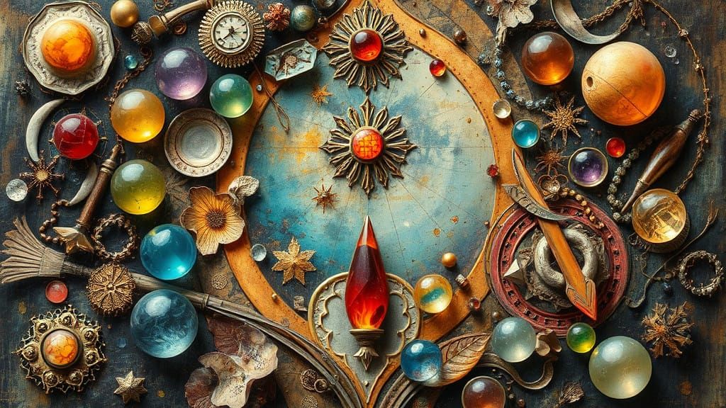 hyperdetailed Metaphysical Painting, vintage, colorful glass...