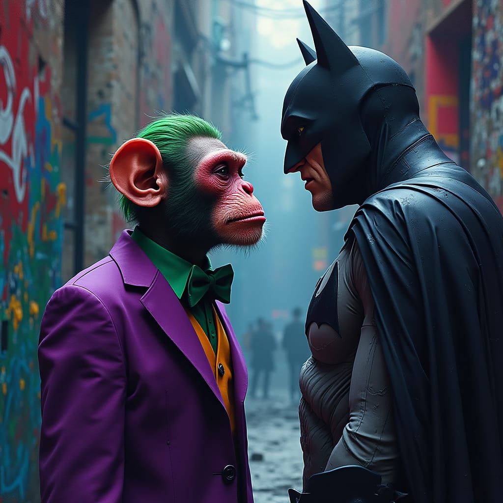 Monkey in Joker makeup looking at Batman