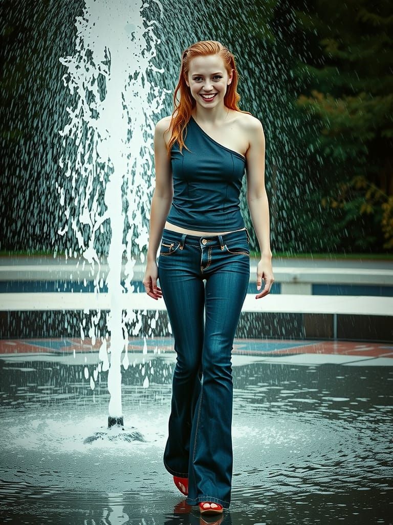Woman in Denim Enjoys Fountain on Cloudy Day