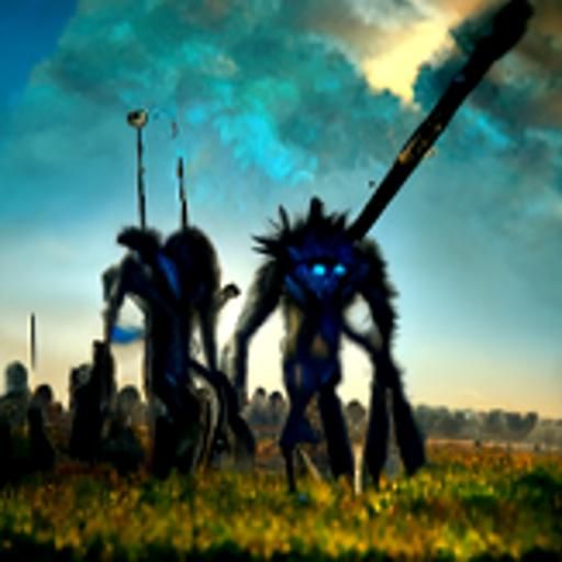 Giant Blue Humanoid Monsters Marching at Sunset