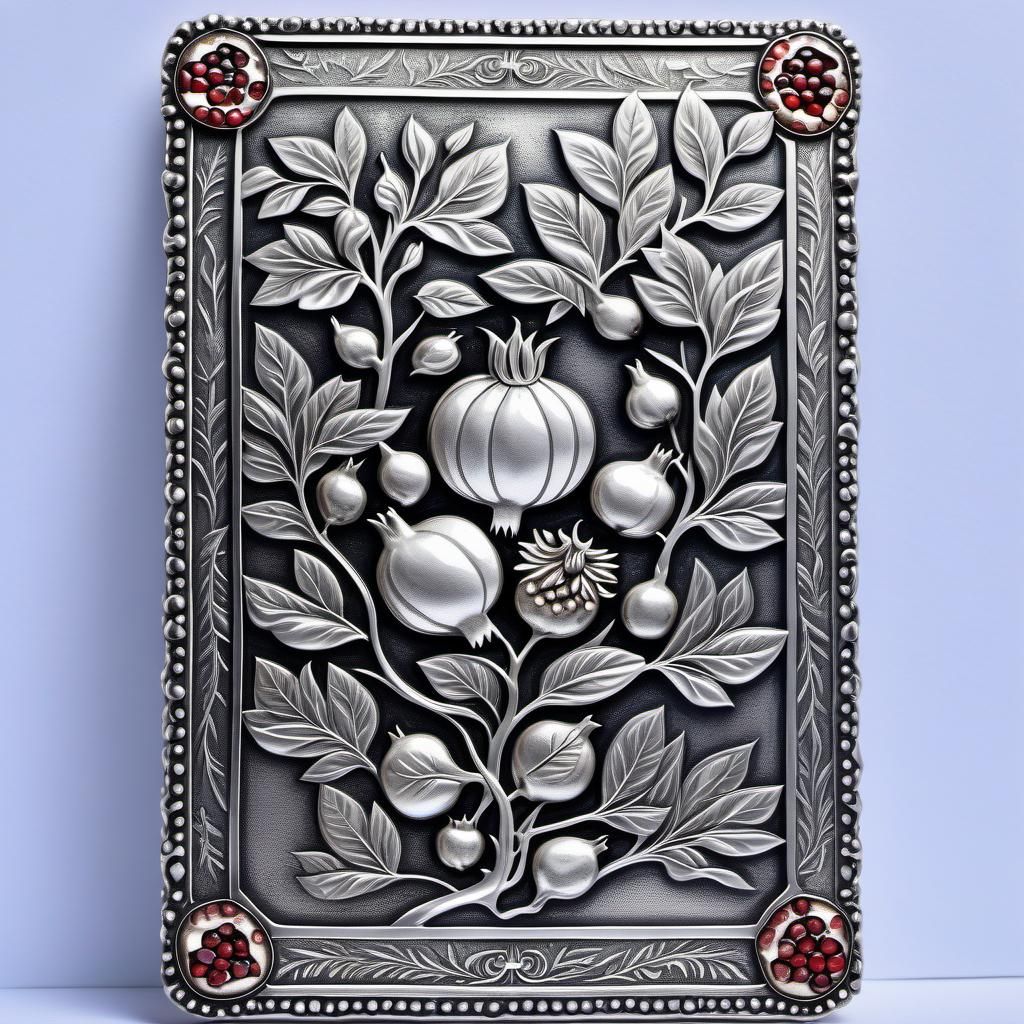 A silver plaque with an engraved pomegranate
