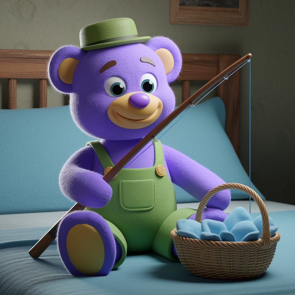 Cartoon Felted Teddy Bear Fishing in 3D Render