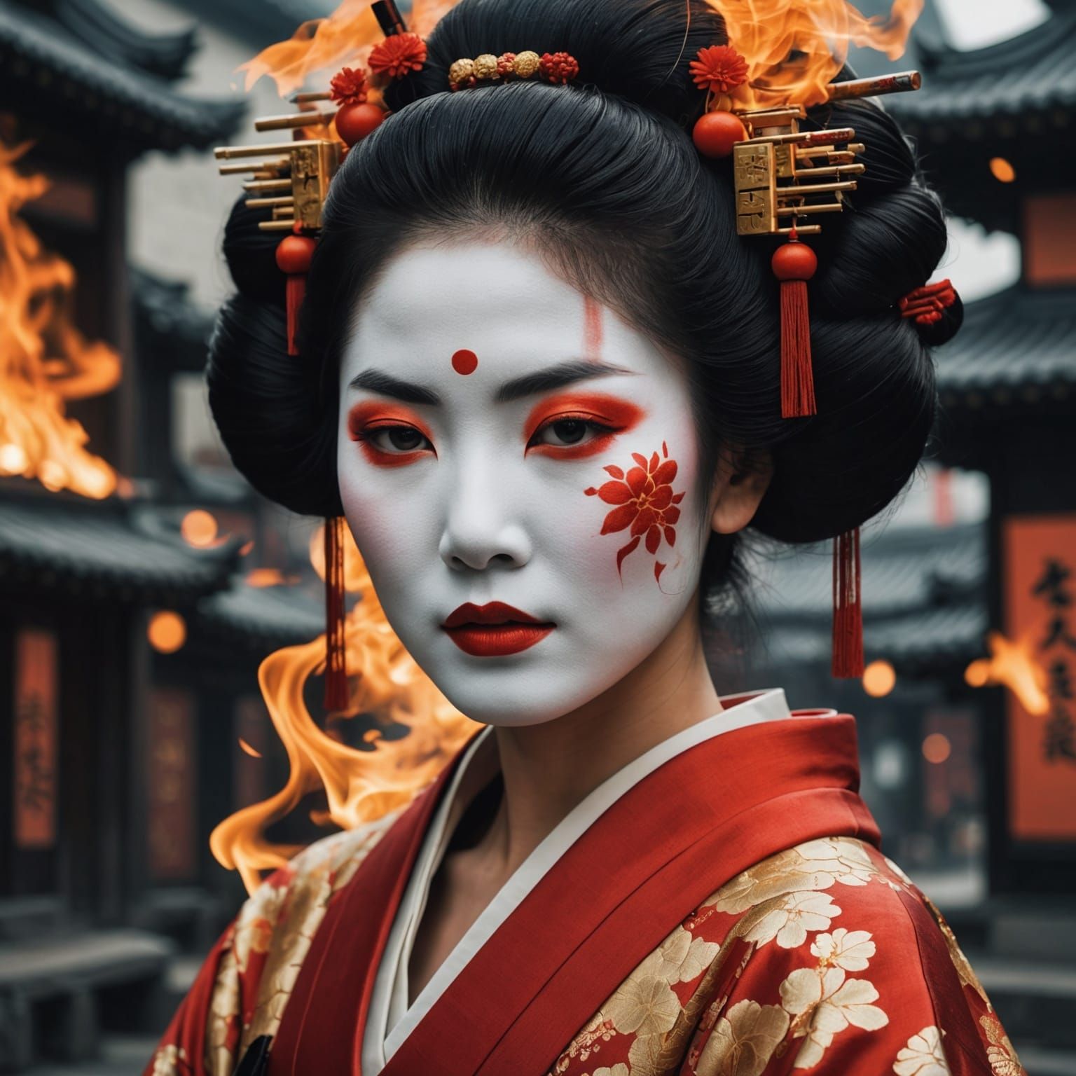 Geisha Double Exposure: Burning World in Photorealism