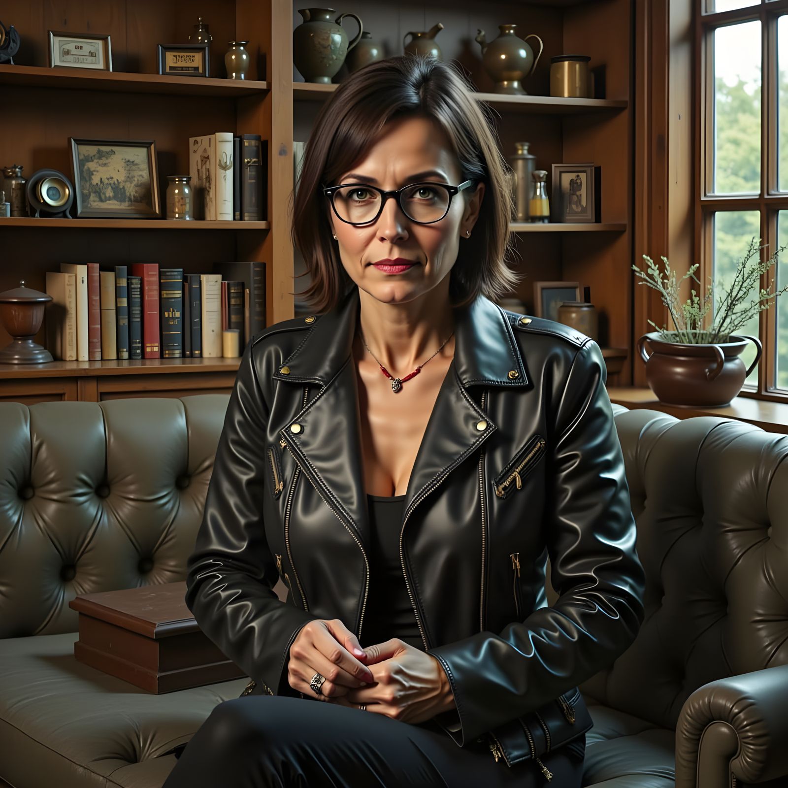 Woman in Leather Jacket, Vintage Postcard Style