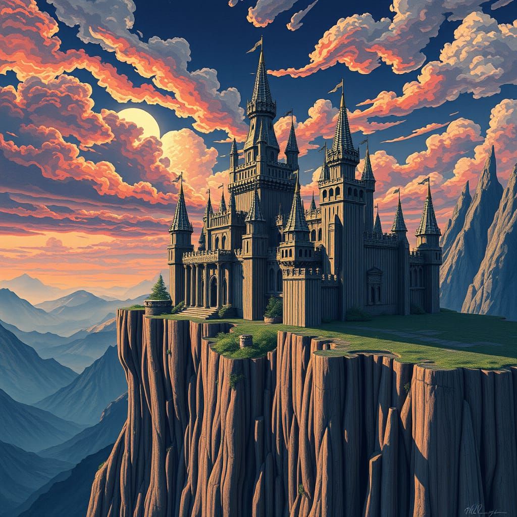 Pencil Castle on Cliff Edge in Ukiyo-e Style