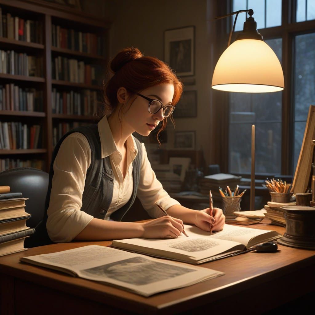 Geek at Desk in Book-Filled Library, Mignola & Moebius Inspi...