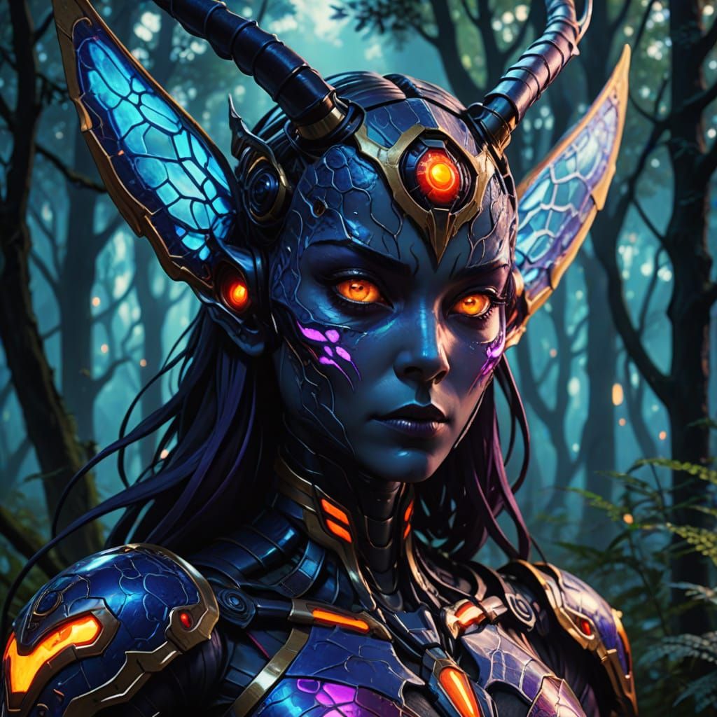 Cyberpunk-Inspired Alien Huntress in a Dark Mystical Forest